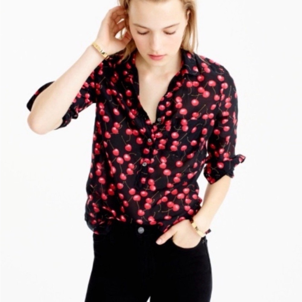j crew cherry Print long sleeves Silk Blend Drapey Popover Top size 0